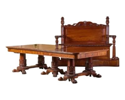 Fine William IV Mahogany Extension Dining Table and an Ensuite Carved Mahogany Hall Bench The hall bench holding three leaves and three pads. The hall bench, 5 ft. 5 in. x 7 ft. 3 1/2 in. x 25 1/2 in. Table 30 x 13 ft. 9 in. x 4 ft. 6 in. (with two leaves). The table can accommodate two additional leaves which would add another 4 ft. 3 in. in length. All original and matching leaves. Solid maho...