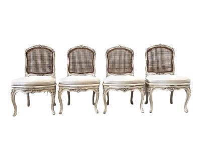 Antique French Painted Cane Back Dining Chairs With Linen Upholstery - Set of 4