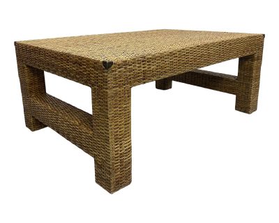 Natural Fiber Woven Rattan Coffee Table With Vintage Brass Corners