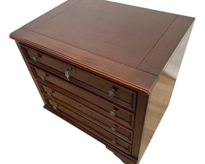 Gorgeous Vintage Lateral File Cabinet, Two Locking Drawers with keys, Desk Height, Banded Mahogany 1A 30" Tall X 24" Deep X 32" wide. Very Good structural condition, all drawers open and close smoothly, High End craftsman construction, Age/use related surface wear marks light scratches, small nicks, No structural Damage, All joints tight and strong, Drawers open and Lock as should. No Odors, yo...