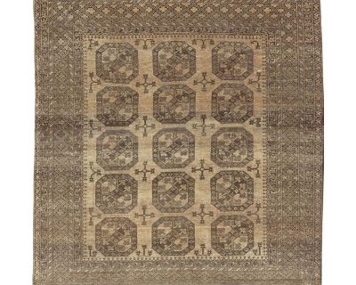 Square shape Vintage Turkomen Ersari rug with Gul design in brown, gray, tan & sand colors. Keivan Woven Arts; rug EMB-9660-P13538, country of origin / type: Turkestan / Ersari, circa 1940s. Measures: 8'2 x 9'6. This Ersari rug has been hand-knotted in the fine wool. The rug features a repeating Gul design throughout the entirety of the rug, enclosed within a complementary, multi-tiered border,...
