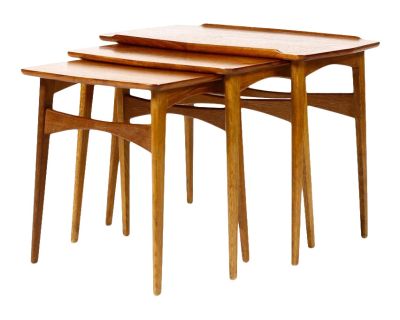 Danish Modern Mid Century Vintage Teak + Oak Nesting Tables — Set of Three — Svend Aage Madsen