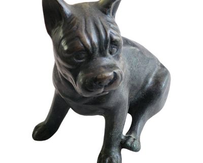 1980s Maitland-Smith Dog Sculpture Bronze Cast Metal Resting Pug Boxer Puppy Model