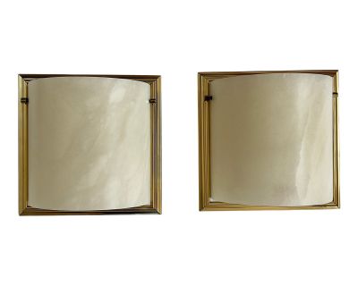 Pair of Vintage Alibaster and Brass Demilune Sconces by Lightolier