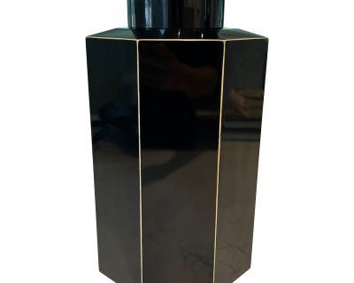 Large Black Lacquered Octagonal Lidded Canister With Ivory Highlights