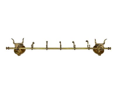 Mid 20th Century Brass Longhorn Cow Head Five Hook Coat Rack