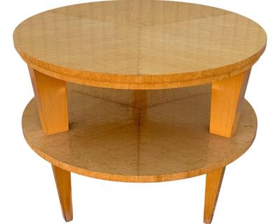 Swedish Modern Art Deco Round Two Tier Side Table.. Dimensions 36 W 36 D 29.5 H Styles Swedish Modern Table Shape Round Period 1930s Country of Origin Sweden Item Type Vintage, Antique or Pre-owned Shop Sustainably with Chairish Materials Wood Condition Good Condition, Original Condition Unaltered, Some Imperfections Color Yellow Condition Notes Light wear. Light wear Need more product details?...