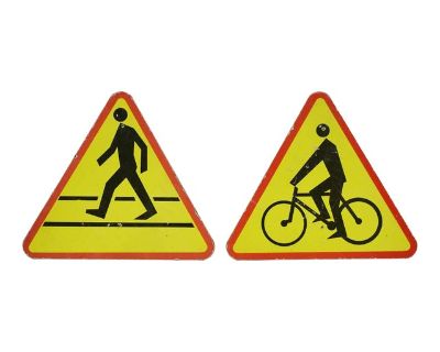Pair of Late 20th Century European Cardboard Pedestrian & Biking Street Wall Signs