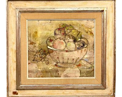 Lazzaro Donati, Italian Modernist Surrealist Bowl Of Fruit Still Life Oil Painting La Fruttiera, 1961