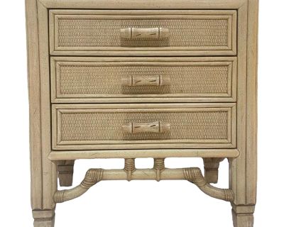 Vintage Rattan Nightstand Tall by Ficks Reed Natural Sand Wash Tan Wood With 3 Drawers