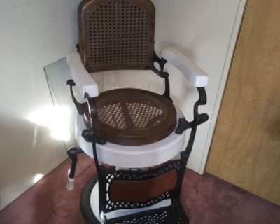 IBE antique wood barber chair wicker porcelain and cast iron