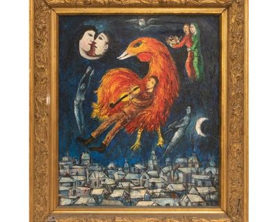 "Night With Rooster" Vintage Expressionist Painting, Manner of Chagall