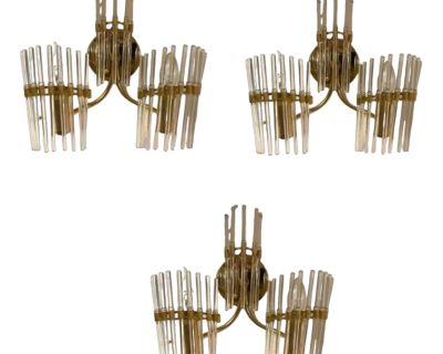 Murano Glass Rod & Brass Sconces, 1970s, Set of 3