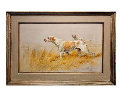 Maud Earl -Study of Two Pointers on Point in a Field -1907 Oil Painting -Two Dogs