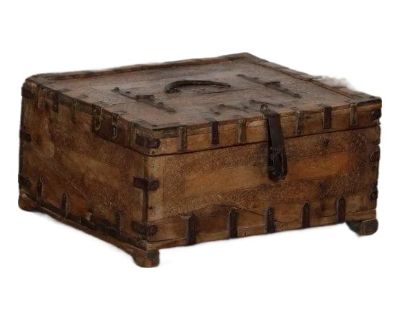 Antique Indian Carved Teakwood Iron Strapped Small Chest