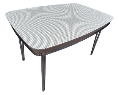 1950s Mid Century Formica & Chrome Dining Table- Gray & White Gingham W Leaf