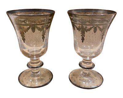 Pair of 1990s Arte Italica Vetro Wine Goblet With Silver Etched Trim