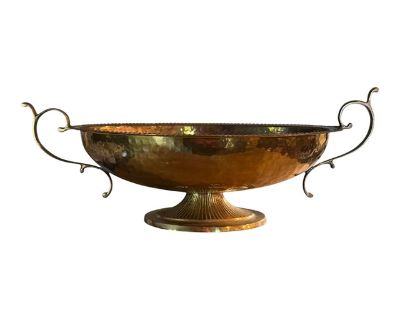 Vintage Hammered Brass Double Handled Pedestal Centerpiece Bowl - 17”