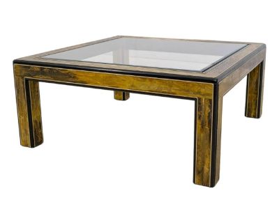 Age: Approx: 50 Years Old Details: Hollywood Regency Beveled Glass High Quality Construction Large Impressive Table Nice Inlay Work Throughout Rich High Sheen Finish Stunning Acid Etched Details Bernard Rhone Design By Mastercraft Mid Century Modern Offered @ Fraction Original Retail Cost Condition: Excellent Original Finish & Condition Size: 40w x 40d x 17.5h. Dimensions 40 W 40 D 17.5 H Style...