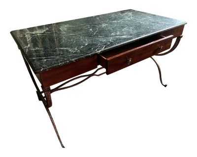 1990s Maitland Smith Marble and Iron Trestle Campaign Desk Table