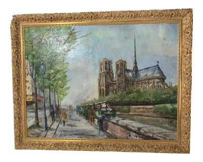 1970s Oil Painting of Notre Dame, Framed