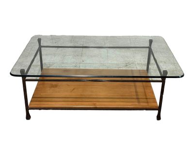 Ethan Allen Glass Top Metal & Wood Framed Cockatil Table