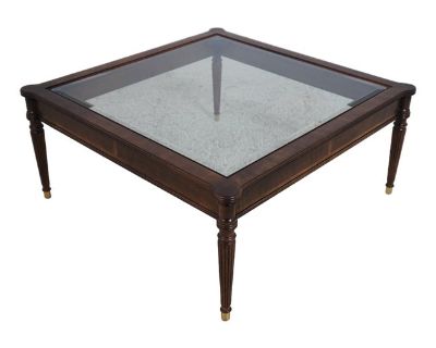 Age: Approx: 25 Years Old Details: Beveled Glass Top Quality Construction Sheraton Style Traditional Style Walnut Finish Brass Capped Feet Well Cared For Ready For Your Home Condition: Excellent Clean Original Finish & Condition Size: 40w x 40d x 18h. Dimensions 40 W 40 D 18 H Styles Traditional Table Shape Square Brand Henredon Period 1990s Country of Origin United States Item Type Vintage, An...