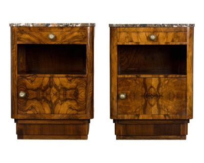 1920s French Art Deco Burl Walnut Nightstands or Side Tables W/ Marble - A Pair