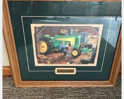 Double matted and framed John Deere Tractor wall art. It's titled "Restoration",