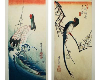 After Utagawa Hiroshige, Red-Crowned Crane and Long-Tailed Bird 1980s Reproduction Prints - Pair