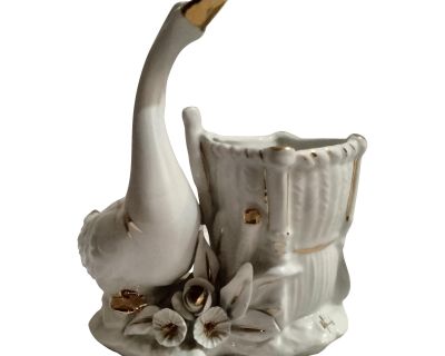 Mid 20th Century Small Signed Branded Capodimonte Swan With Gold Trim Vase