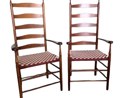 Early 20th Century Pair of Shaker Antique Maple Slat High Back Captain Chairs With Webbed Seats