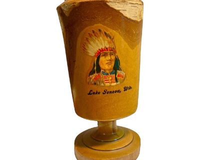 Mid-20th century hand-turned birchwood goblet (for display only) Original bark-on exterior (intentional to the Northwoods style) Lake Geneva, Wis. mid-century transfer decal Underside stamped Made in the North Woods Finish is a combination that moves between shiny varnish to roughly hewn sections and raw natural wood with knots. This Americana art form creates one of a kind pieces no two are al...