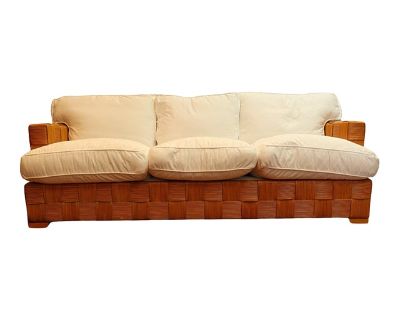 Vintage Circa 1990 John Hutton for Donghia Block Island Rattan Sofa With New White Cotton Upholstery