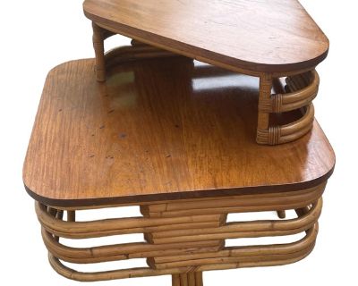 Mid Century Bi- Level Rattan Corner Table