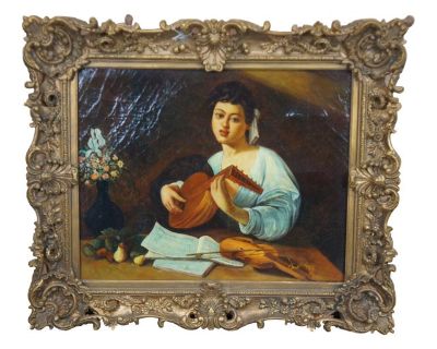 Late 20th Century The Lute Player Portrait After Caravaggio Italian Realist Oil Painting Framed