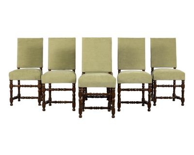 Antique French Louis XIII Style Oak Dining Chairs in Laurel Green Velvet - Set of 6
