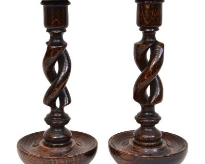 Pair of 1950s Wood English Barley Open Twist Candlestick Holders