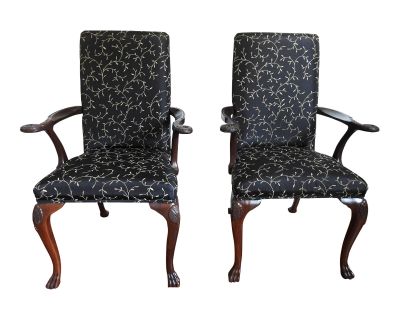 Mid 19th Century Antique Re-Upholstered Ho Ho Bird and Shell Motif Carved Side Chairs With Arm Rests Set of 2