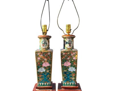 1940's Chinese Import Hand Painted Porcelain Table Lamps, a Pair