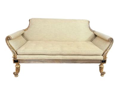 Vintage Carved Wood Settee With Gold Leaf Accents and Textured Upholstery