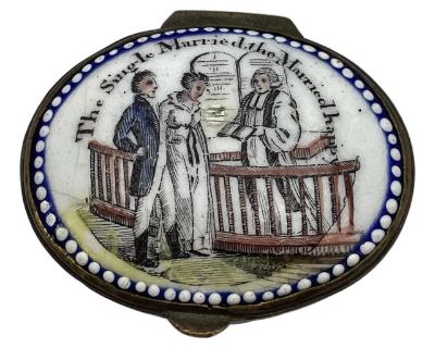 Rare 18th Century Battersea Bilston Enamel Patch Box, Maried Happy