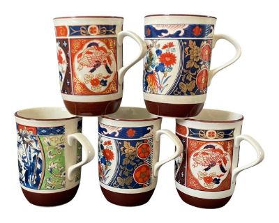Japanese Porcelain Imari Coffee Tea Mug Cup Crane Bird Garden Set of 5