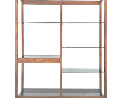 Vintage Wood Bookcase or Étagère With Smoked Glass Shelves