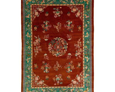 Room Size Antique Art Deco Chinese Wool Rug Handmade in Dark Terracotta Color