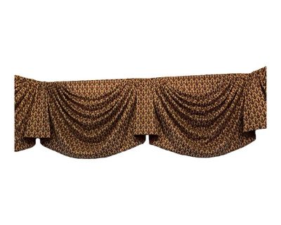 This custom-made swag valance is expertly tailored for a bay window, offering a refined and elegant finishing touch to any traditional or classic interior. It is fully lined in a rich burgundy tone-on-tone stripe, enhancing both structure and visual depth. The design features gracefully draped swags in soft U-shaped curves across the top of the window. Shorter jabots are positioned between the ...