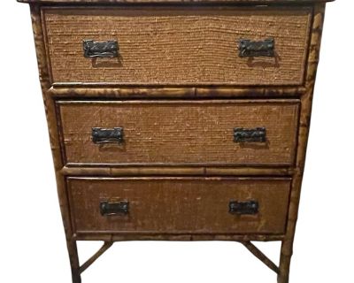 If you re a lover of bamboo, you will love this chest. The bamboo chest is a great in size, featuring 3 drawers with beautiful handles. The texture of the chest is wonderful and in good condition for its age circa late 19th century England.. Dimensions 30 W 17.5 D 36.5 H Styles British Colonial Chinoiserie Coastal Period Late 19th Century Country of Origin United Kingdom Item Type Vintage, Anti...