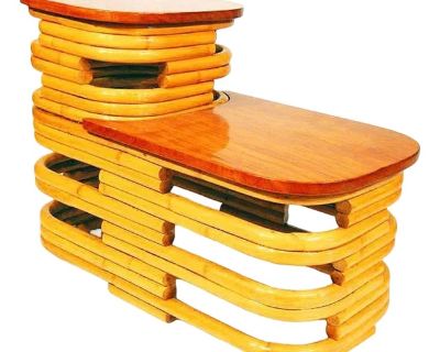 Beautifully restored 1940s two-tier stacked rattan side table with stylized cut-out sides and beautiful mahogany tops on both tiers. The stunning table is designed in the manner of Paul Frankl. Sale for 1 Table, 2 Available The table blends style and vintage charm with modern comfort. Each table has a small top ledge designed for table lamps up to 14" wide. All meticulously refinished to highli...