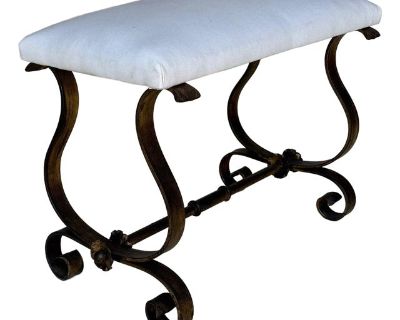 Vintage Spanish Mid Century Gilt Iron Bench With Scrolled Base