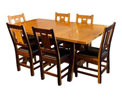 Whit McLeod Custom Wine Barrel Arts & Crafts Dining Table + Six Chairs Set